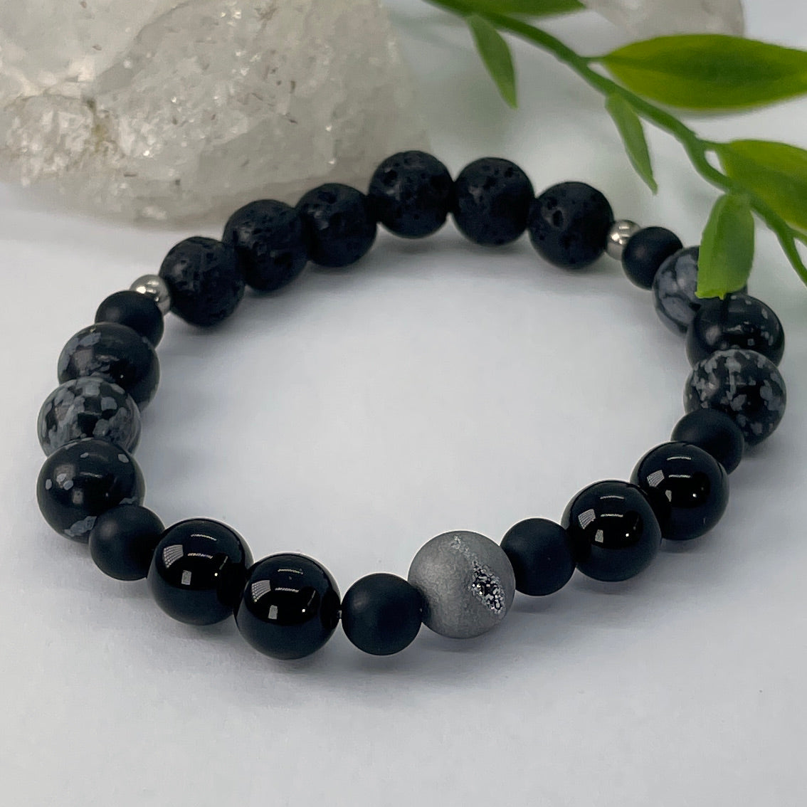 Bracelet  D - Obsidienne flocon, Druzy grise, Onyx et Pierre volcanique